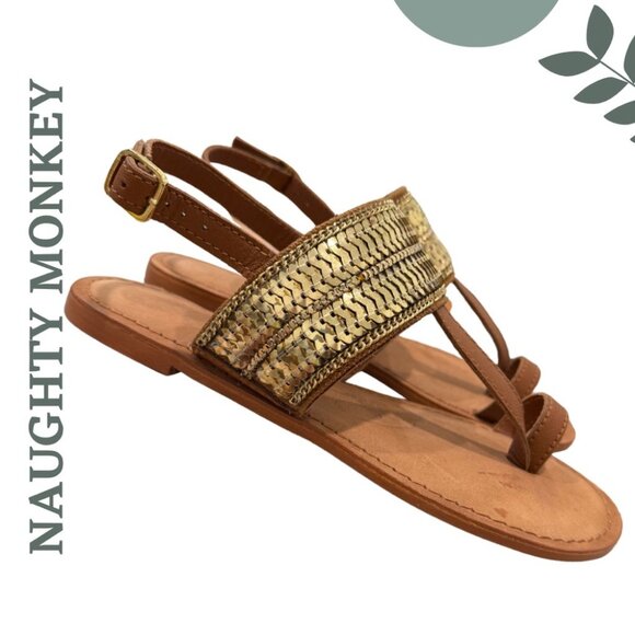 Boho Trimmed T-Strap Sandals by Naughty Monkey Brown Leather Gold Sequins Size 7 - Picture 1 of 8